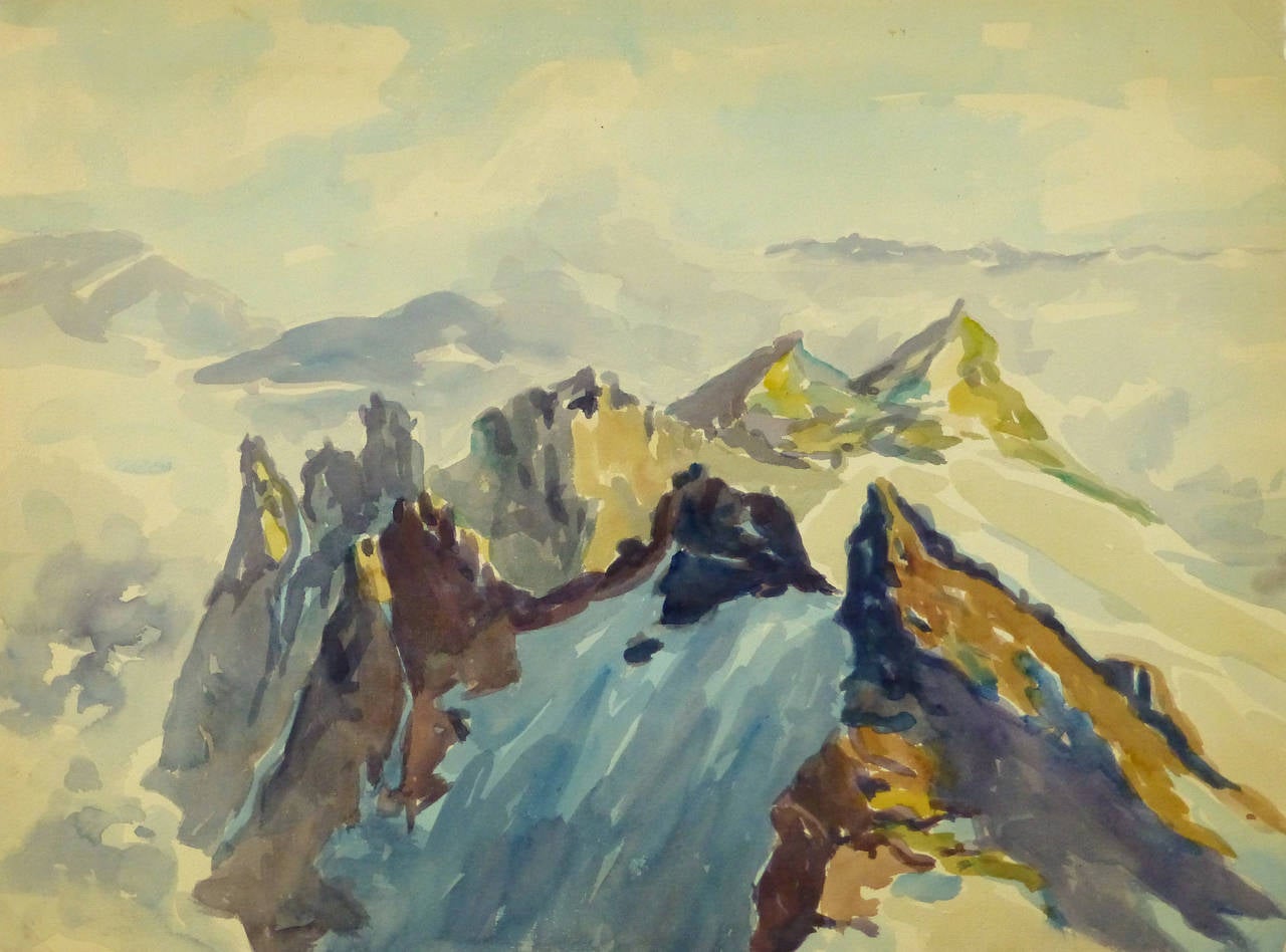 Wilhelm Kloden Landscape Art - Vintage Watercolor Landscape - Mountain Peaks