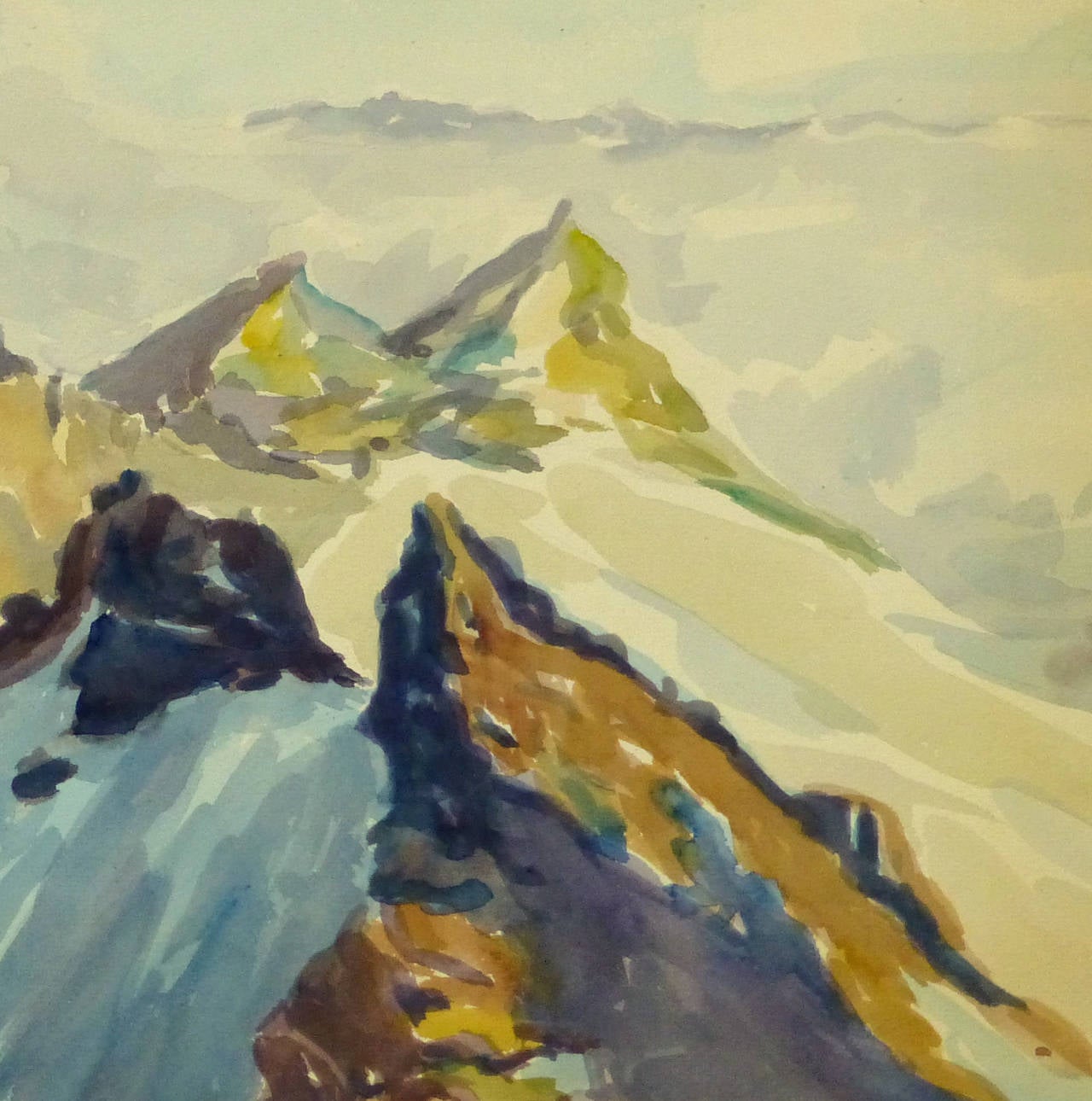 Vintage Watercolor Landscape - Mountain Peaks - Beige Landscape Art by Wilhelm Kloden