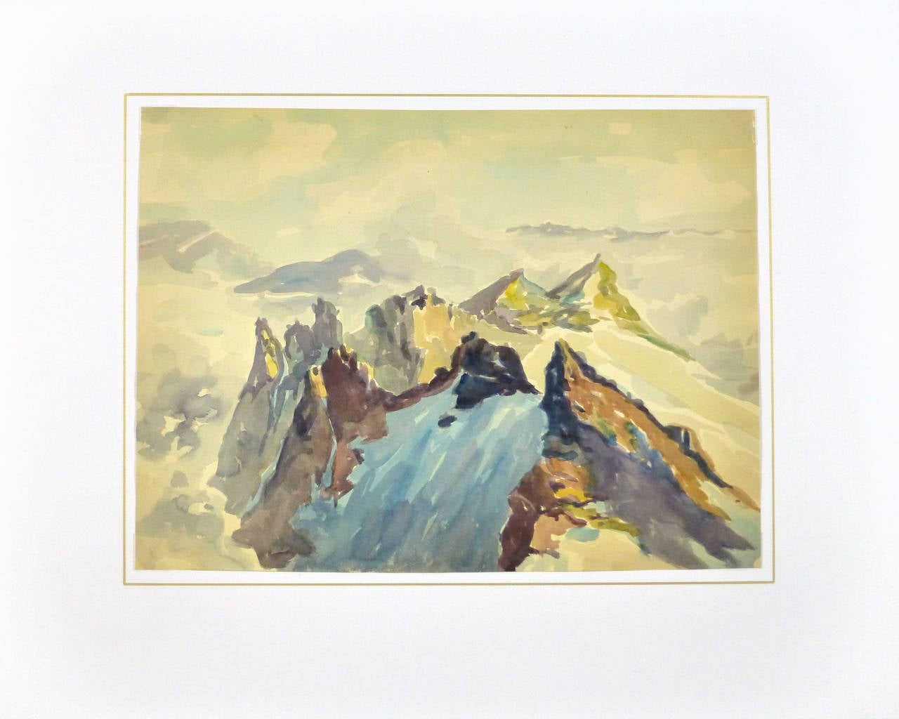 Impressive watercolor landscape of jagged mountain peaks reaching up into the clouds by artist Wilheim Kloden, circa 1960.

Original vintage one-of-a-kind artwork on paper displayed on a white mat with a gold border. Mat fits a standard-size