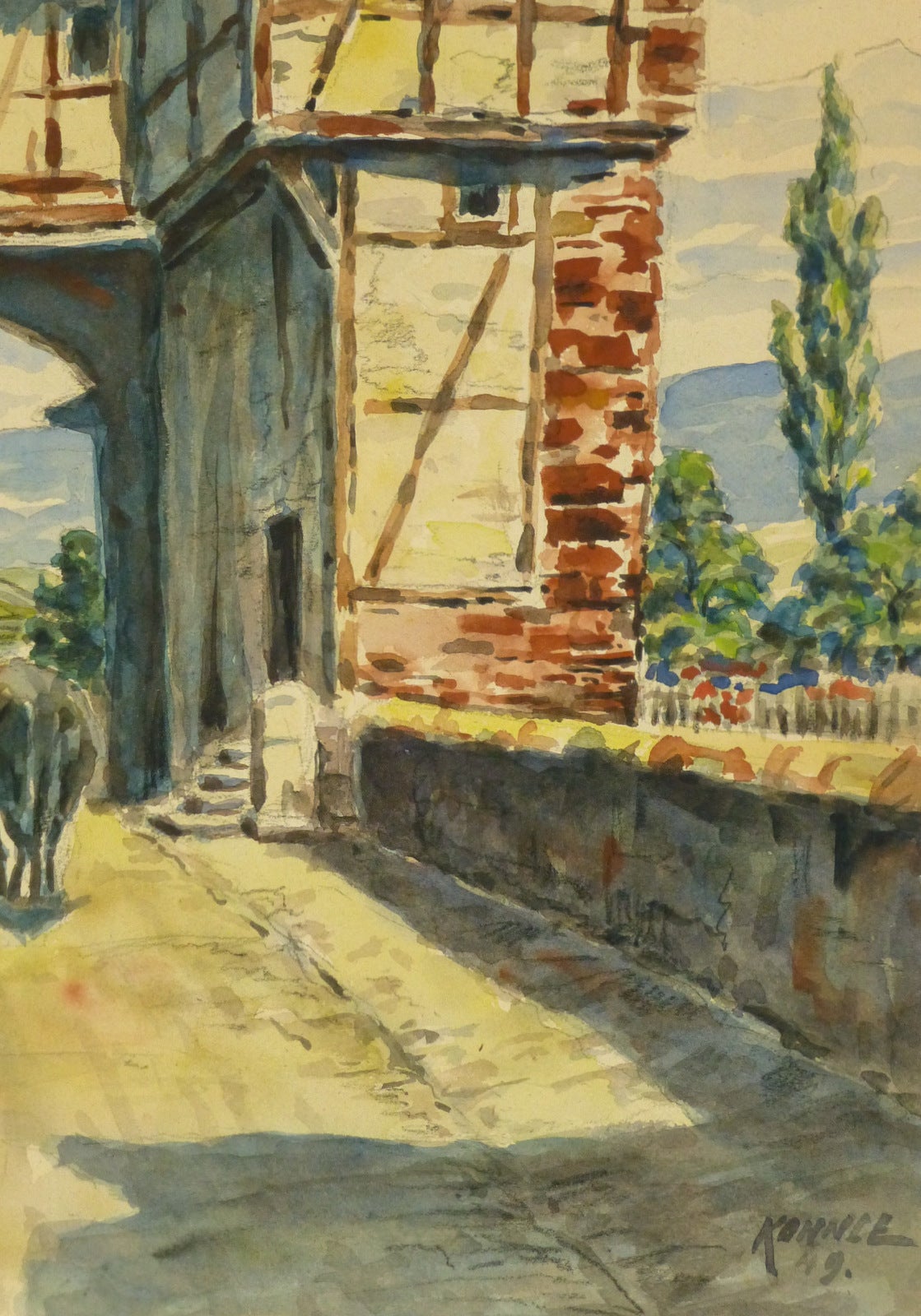 Vintage Watercolor Landscape - The Village Gates - Art by Unknown