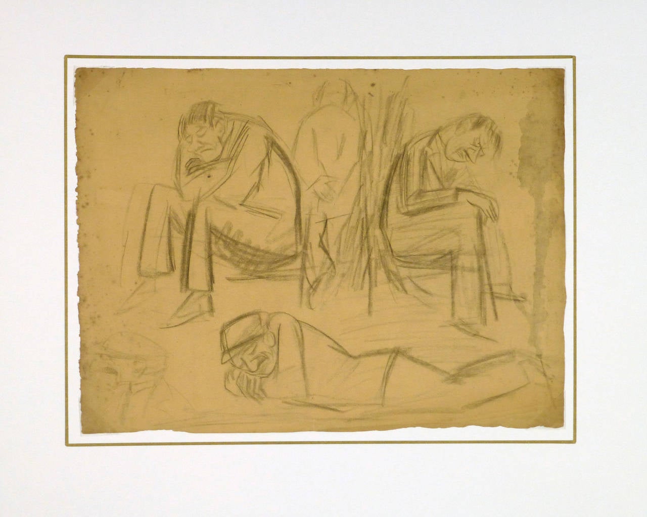 Expressive charcoal sketch of male figures in different states of repose, circa 1930.

Original vintage one-of-a-kind artwork on paper displayed on a white mat with a gold border. Mat fits a standard-size frame. Archival plastic sleeve and