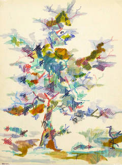 Vintage French Watercolor and Ink Abstract - Patchwork Tree