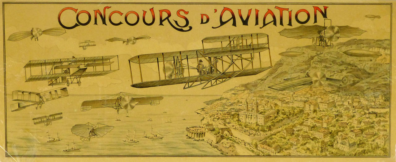 Unknown Landscape Print - Antique French Stone Lithograph - Monaco Aviation Race