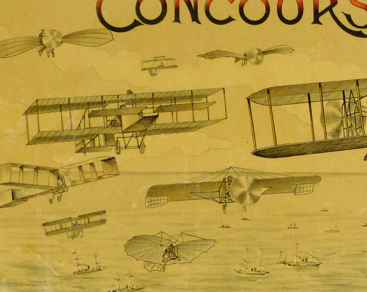 Detailed and whimsical color stone lithograph of an aviation race taking place over Monaco, circa 1900. 

Original vintage artwork on paper displayed on a white mat with a gold border. Mat fits a standard-size frame. Archival plastic sleeve and