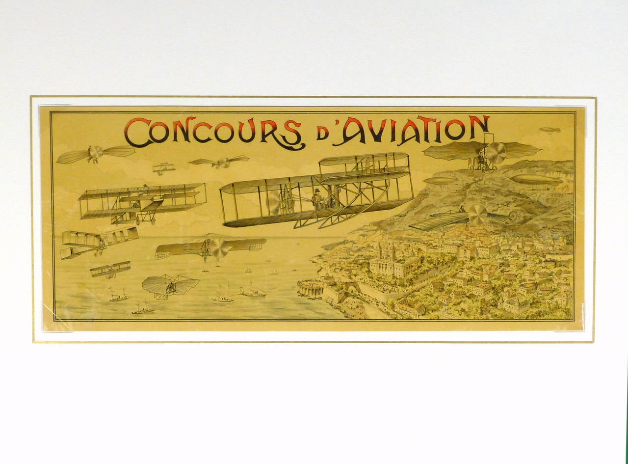 Antique French Stone Lithograph - Monaco Aviation Race 1