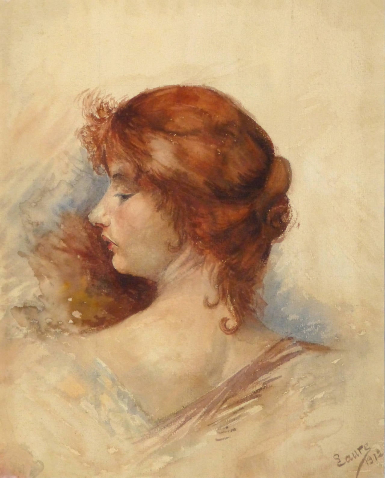 Antique French Watercolor Portrait - Profile of Elegance (Woman)