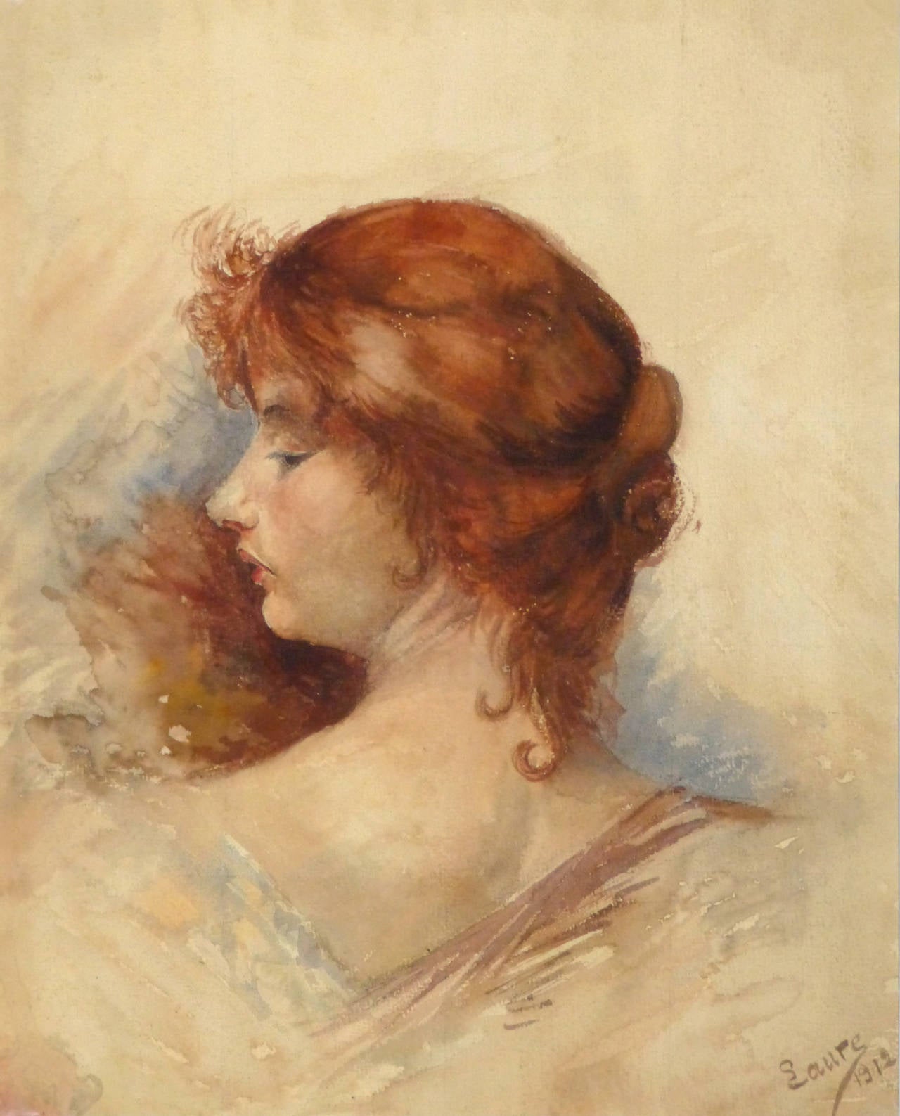 Antique French Watercolor Portrait - Profile of Elegance (Woman) - Art by Unknown