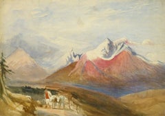 Antique English Watercolor Landscape - Winter Peaks