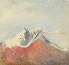 Vintage English Watercolor Landscape - Winter Peaks