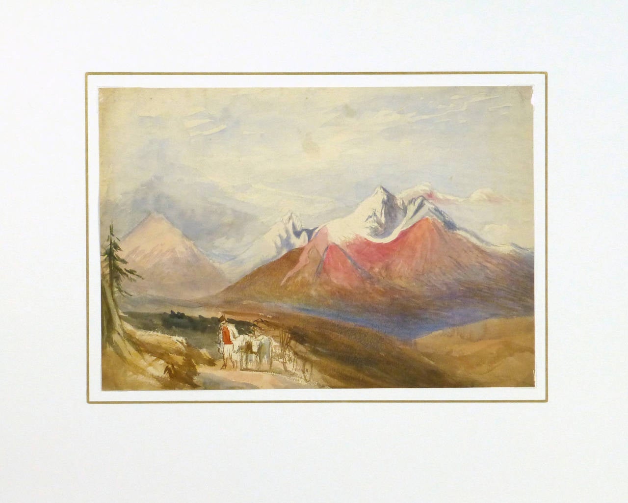 Fabulous watercolor landscape of a sweeping view of snow covered mountains, a man pulls a cart with his steer in the foreground, 1871. Dated on verso. Artist unknown.

Original vintage one-of-a-kind artwork on paper displayed on a white mat with a