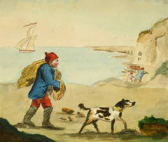 Vintage English Watercolor Painting - Fisherman & His Helper