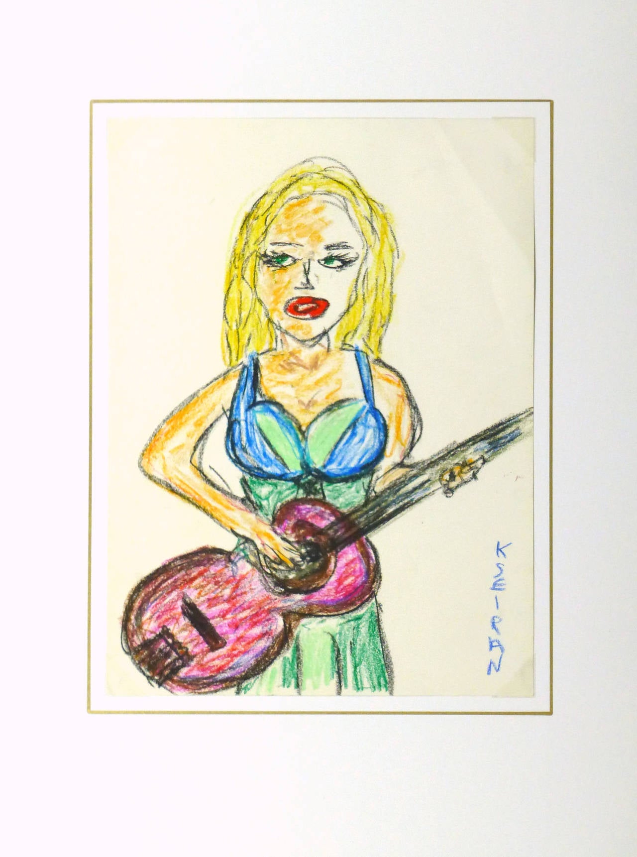 Dessin au pastel à l'huile d'une jeune femme habillée de couleurs vives jouant de la guitare, réalisé par l'artiste Kseiran en 2009. Signé en bas à droite.

Œuvre d'art originale unique sur papier présentée sur un tapis blanc avec une bordure dorée.