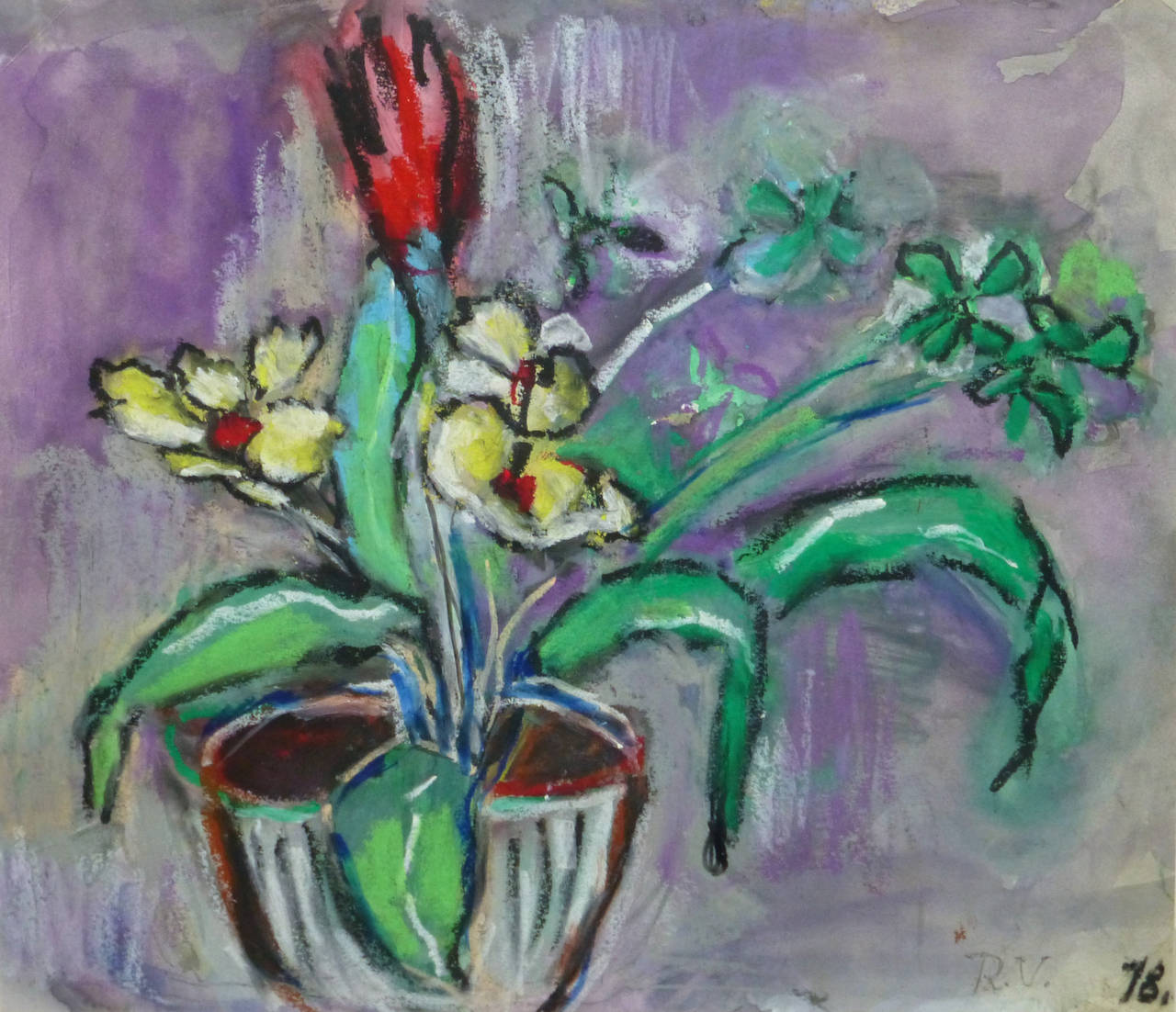 Vintage French Oil Pastel - Floral Still-Life - Art by Unknown