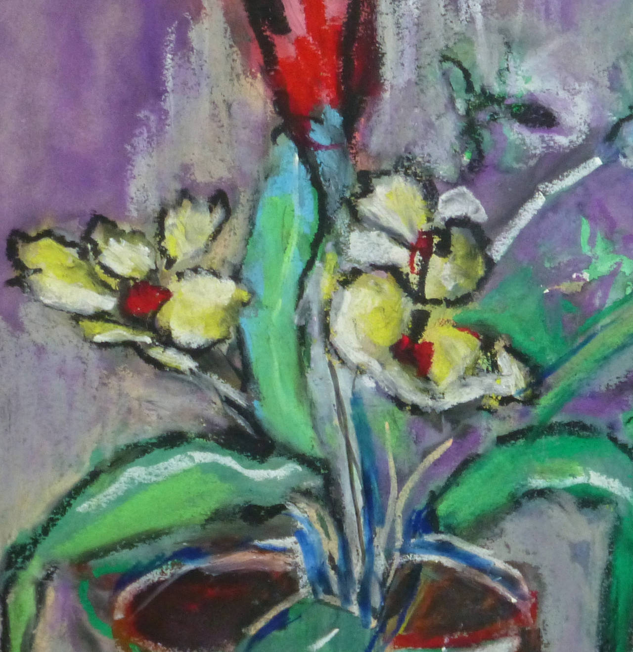 Red and yellow blossoms come to life by means of vibrant watercolors and oil pastels in this painting signed R.V., 1978. Signed and dated lower right.

Original one-of-a-kind artwork on paper displayed on a white mat with a gold border. Mat fits a