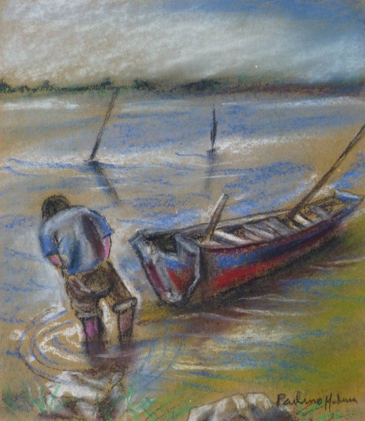 Marine Oil Pastel - Wading in the Bay