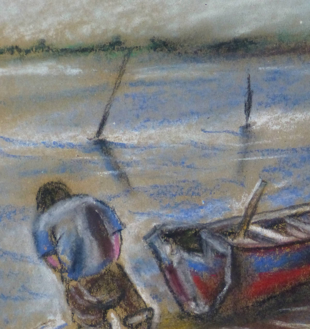 Pastel al óleo marino - Vadeando en la bahía - Landscape Art Gris de Paulino Medina