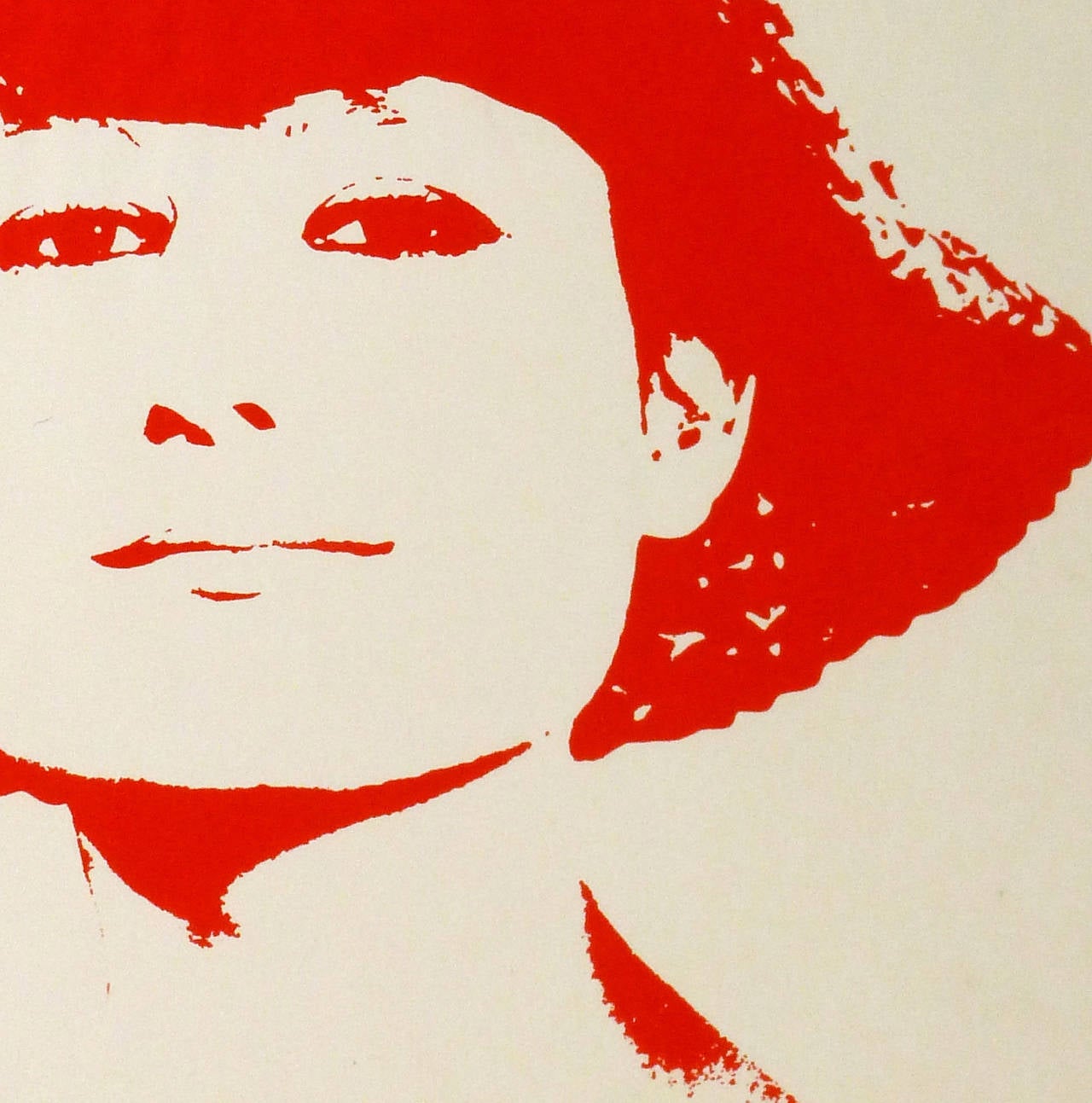 Vintage serigraph of a Audrey Hepburn woman in a hat with a vibrant red by artist Dieter Bortfeldt (1940-2014), circa 1970. Unsigned.

Original one-of-a-kind artwork on paper displayed on a white mat with a gold border. Mat fits a standard-size