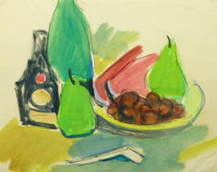 Vintage French Gouache Still Life - Fruit & Wine