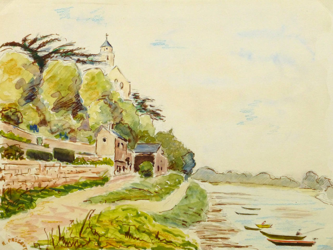 R. Prigent Landscape Art - Vintage French Watercolor of Saint Florent Le Vieil along the Loire River