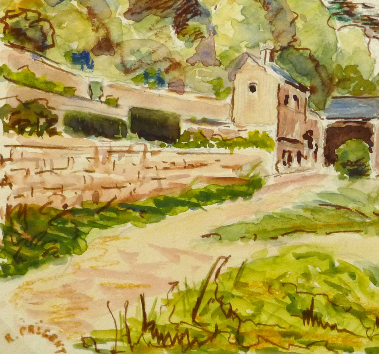 Vintage French Watercolor of Saint Florent Le Vieil along the Loire River - Beige Landscape Art by R. Prigent