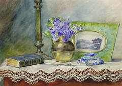 Antique French Watercolor - Violets and Lace