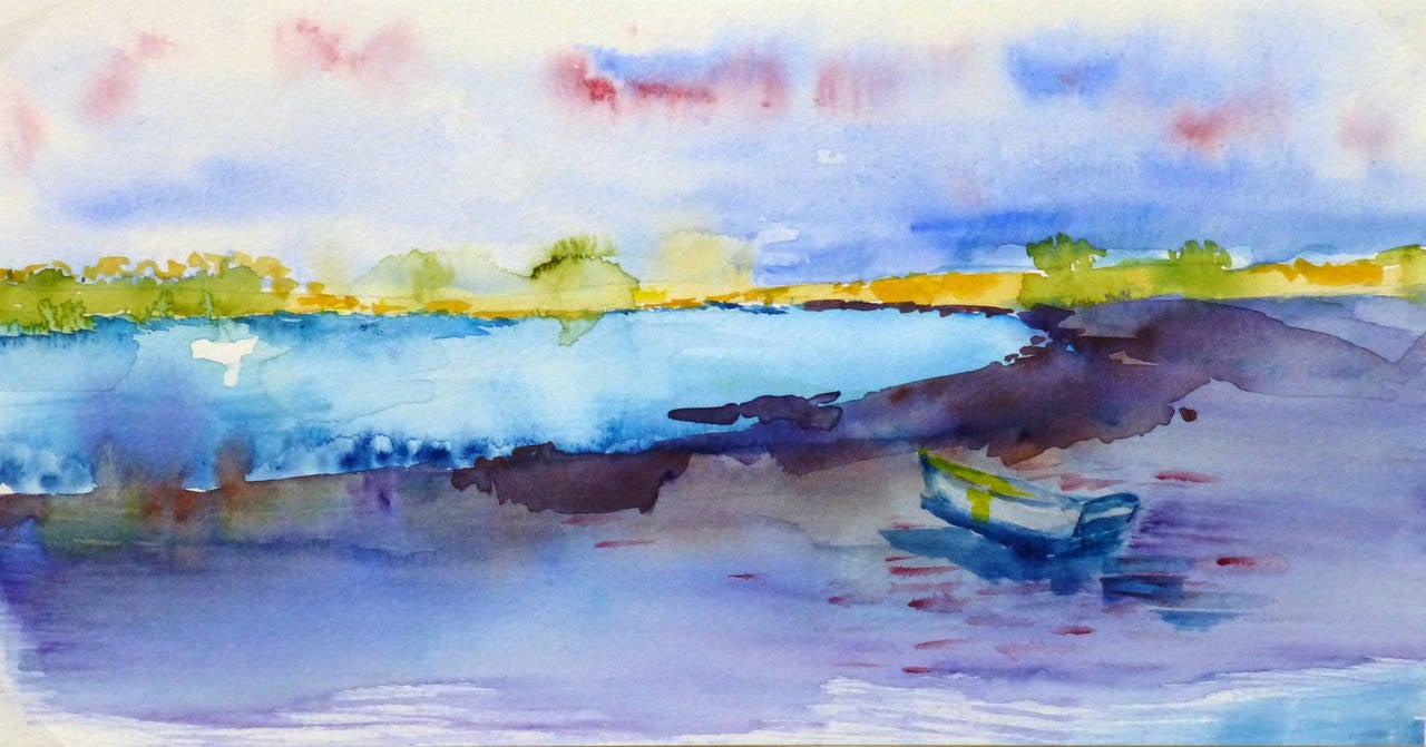 Monique Tachdjian Landscape Art – Französisches Aquarell-Landschaftsbild – Regenbogensee