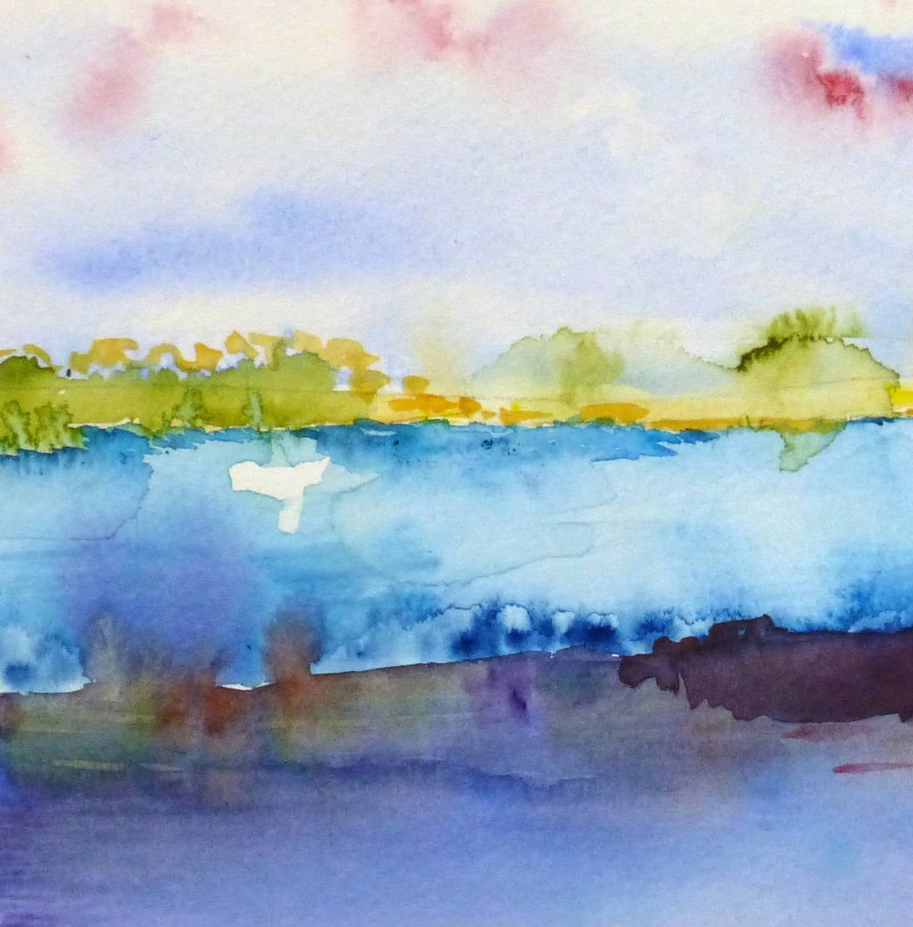 Französisches Aquarell-Landschaftsbild – Regenbogensee – Art von Monique Tachdjian