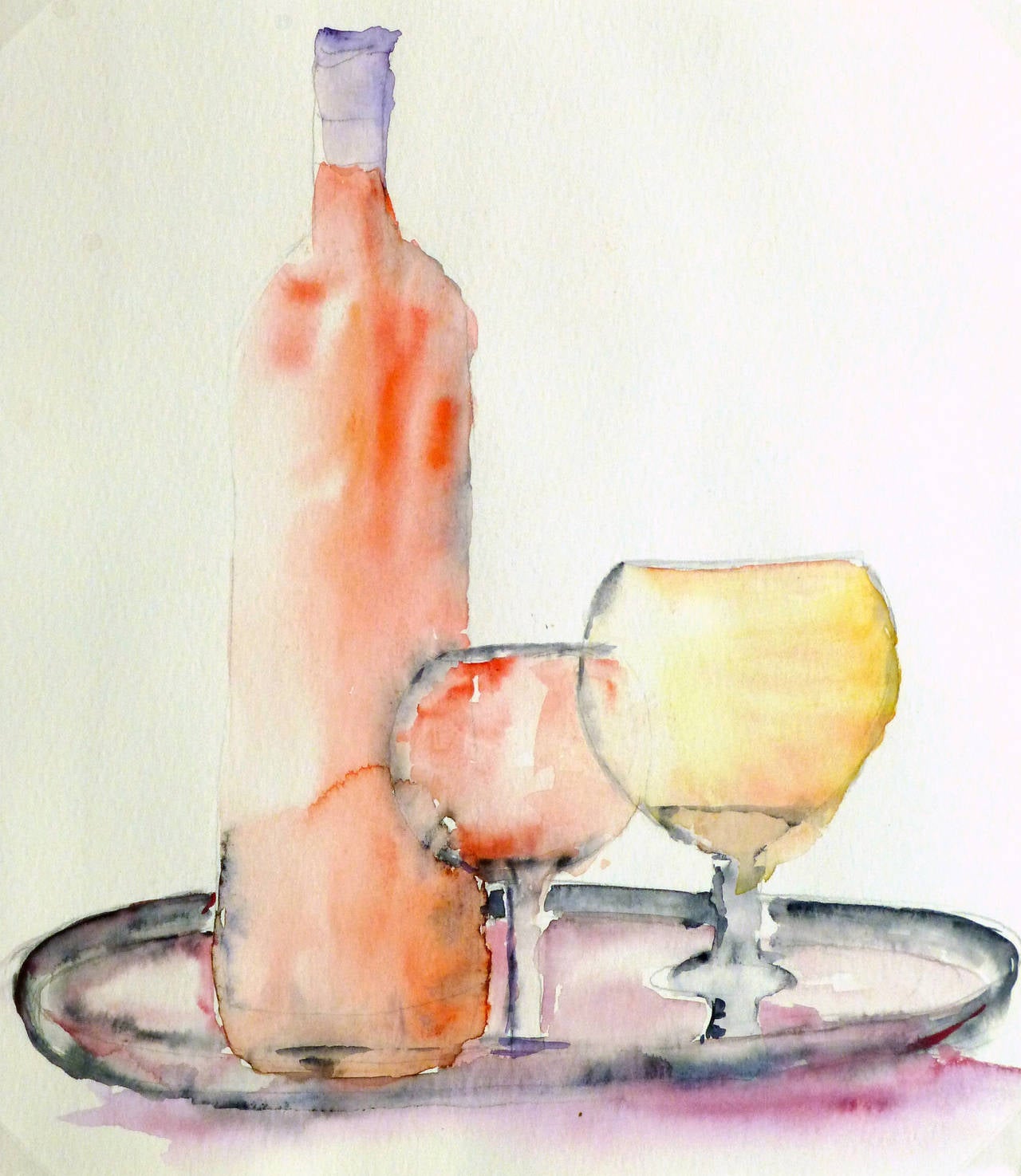 Monique Tachdjian Still-Life - French Watercolor Still Life - Wine for Two
