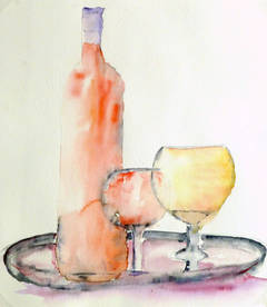 French Watercolor Still Life - Wine for Two