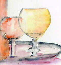 French Watercolor Still Life - Wine for Two
