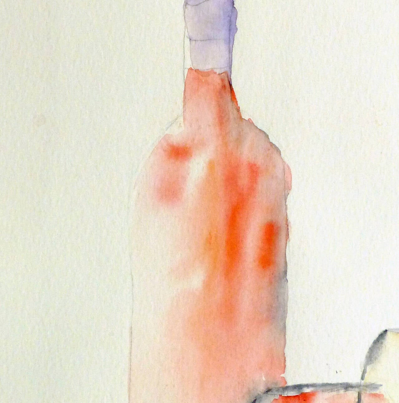 Delightful watercolor still life of a bottle of wine coupled with two glasses on a serving tray by artist Monique Tachdjian, 2009.

Original one-of-a-kind artwork on paper displayed on a white mat with a gold border. Mat fits a standard-size