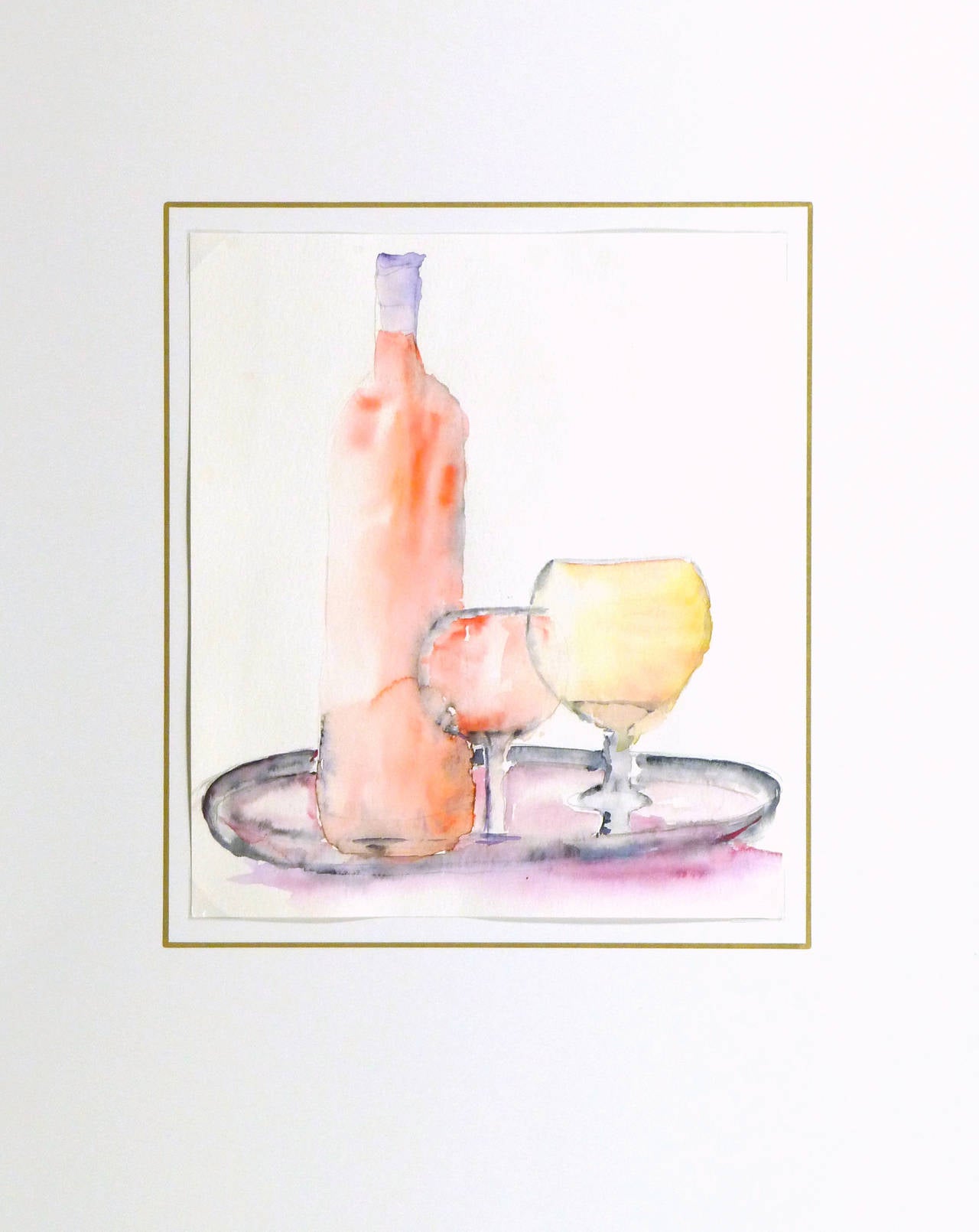 French Watercolor Still Life - Wine for Two 1