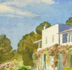 Vintage French Watercolor Landscape - French Riviera Villa