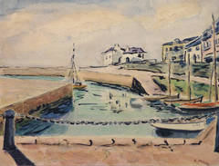 Vintage French Watercolor Landscape Painting - Port Haliguen