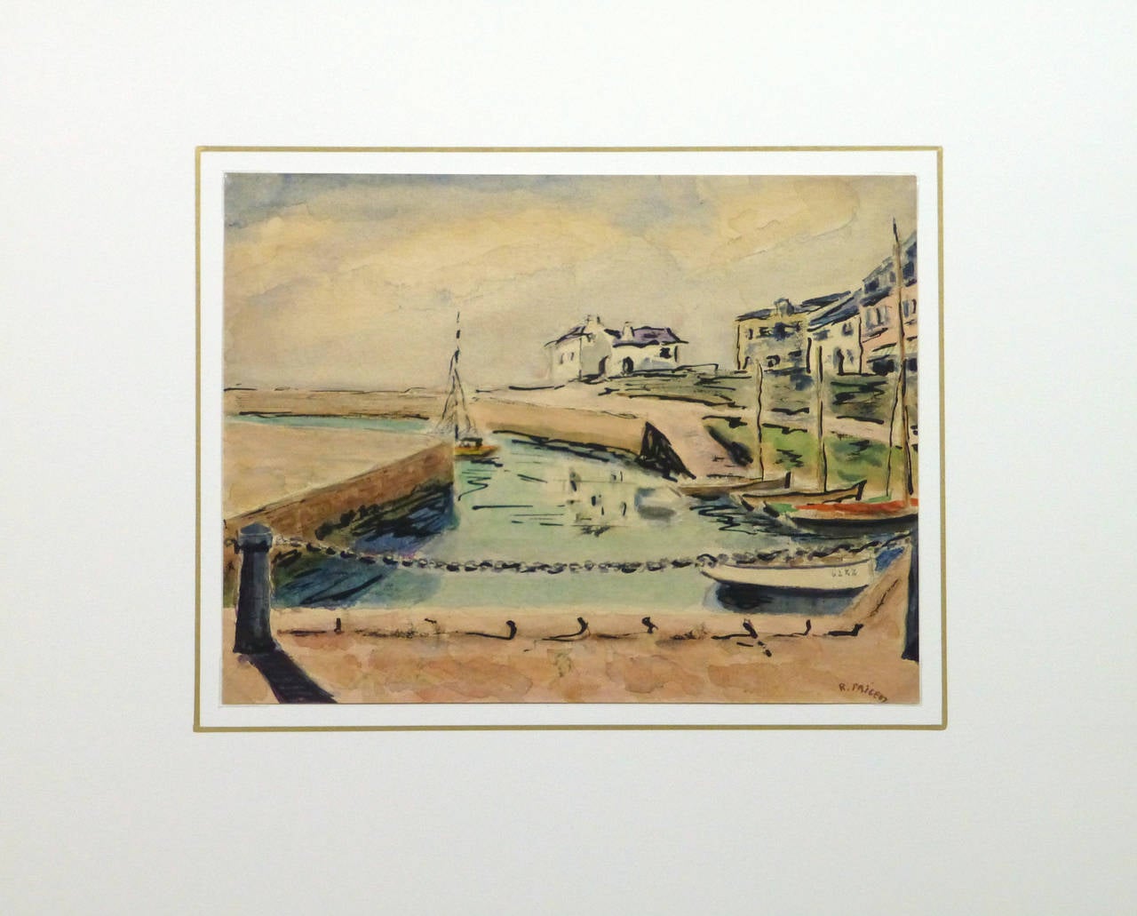 Radiant vintage watercolor landscape of a charming waterside scene from the town of Port Haliguen, located near Quiberon, Brittany, France by French artist R. Prigent, 1952. Signed lower right.

Original one-of-a-kind artwork on paper displayed on a