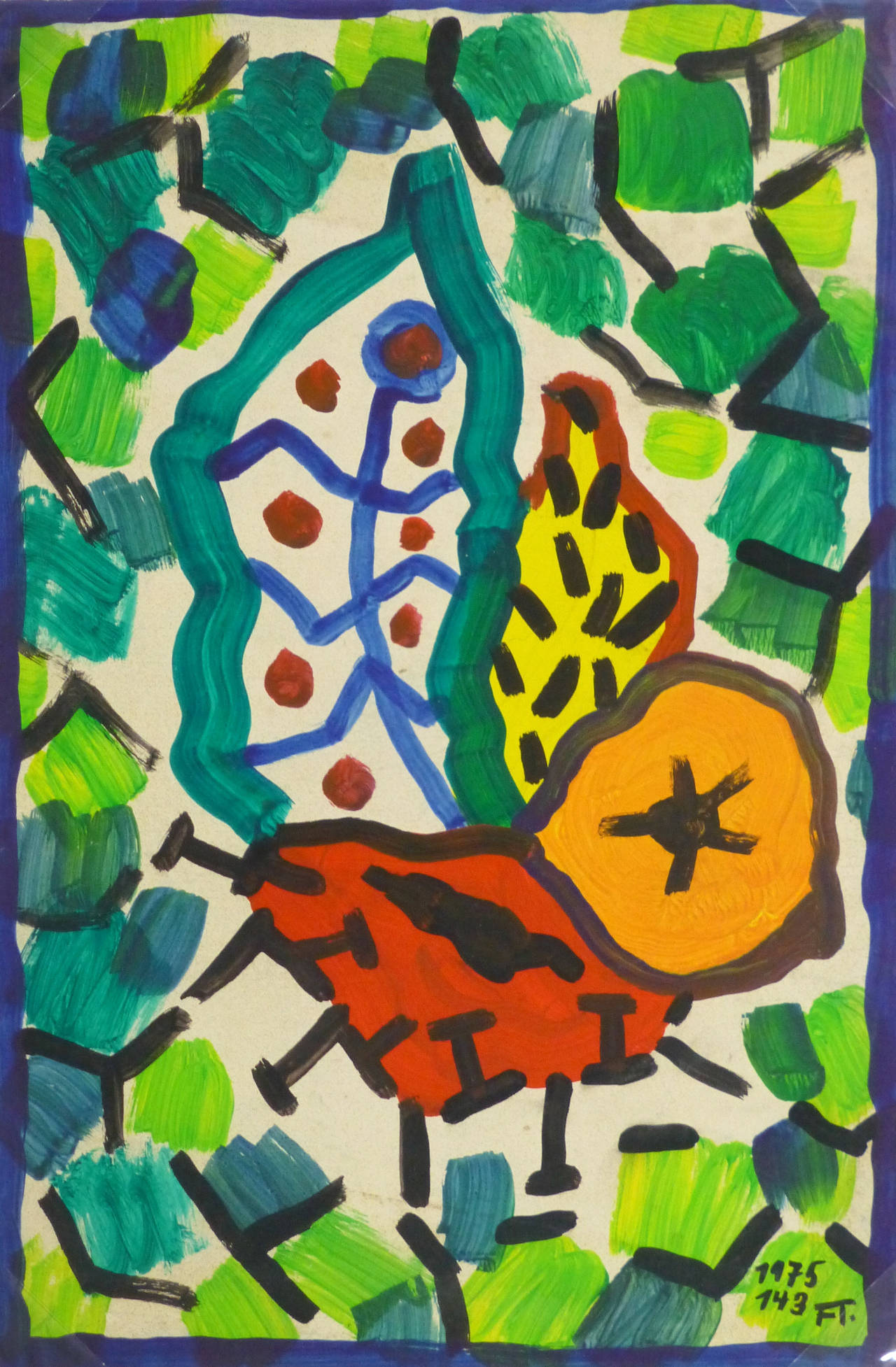 Fun and festive abstract acrylic painting of bright fruit and foliage against a vivid backdrop of green and black shapes by FT, 1975. Signed and dated lower right.

Original one-of-a-kind artwork on paper displayed on a white mat with a gold