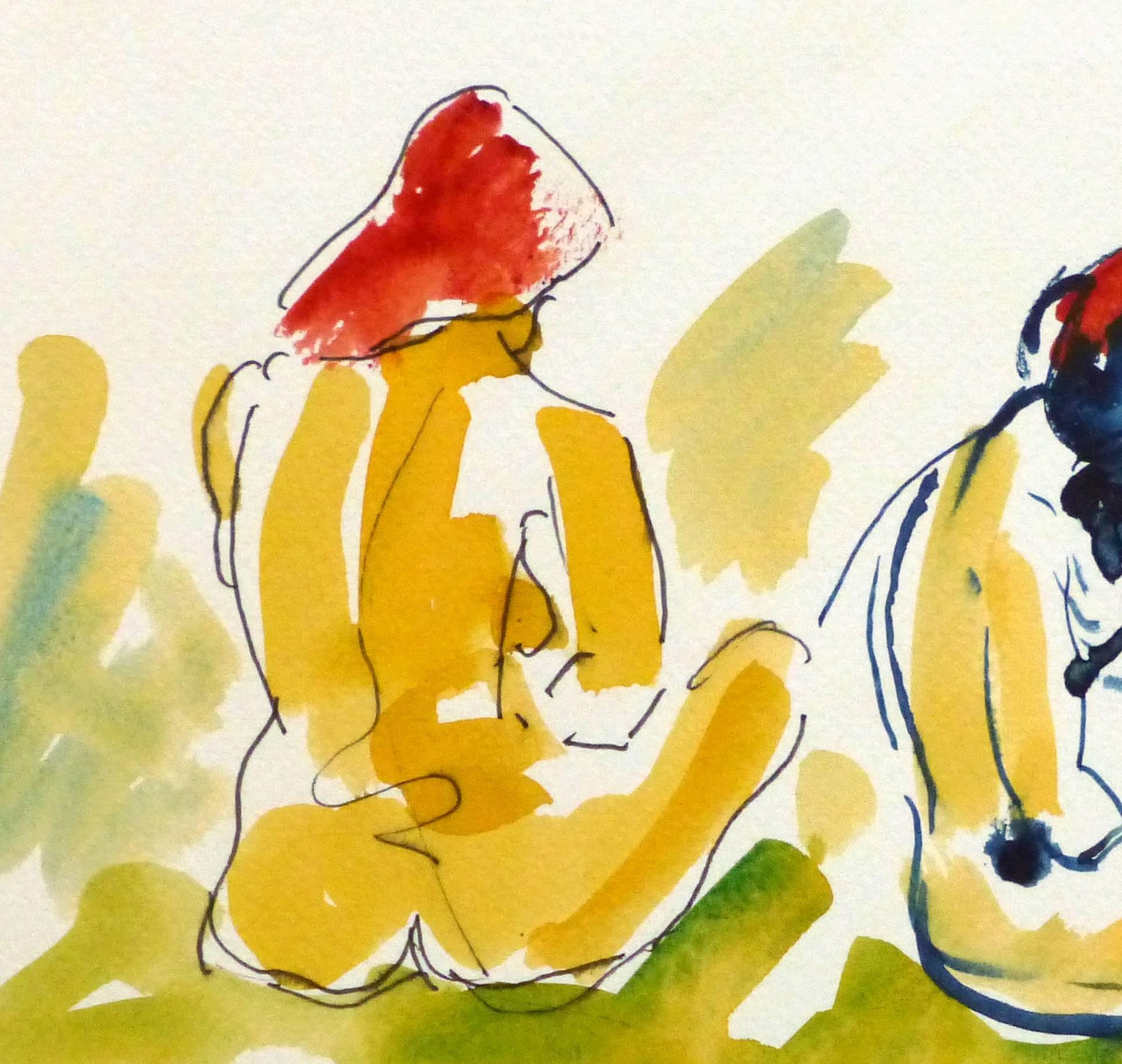 Ink & Watercolor - A Study in Sitting - Orange Nude by Unknown