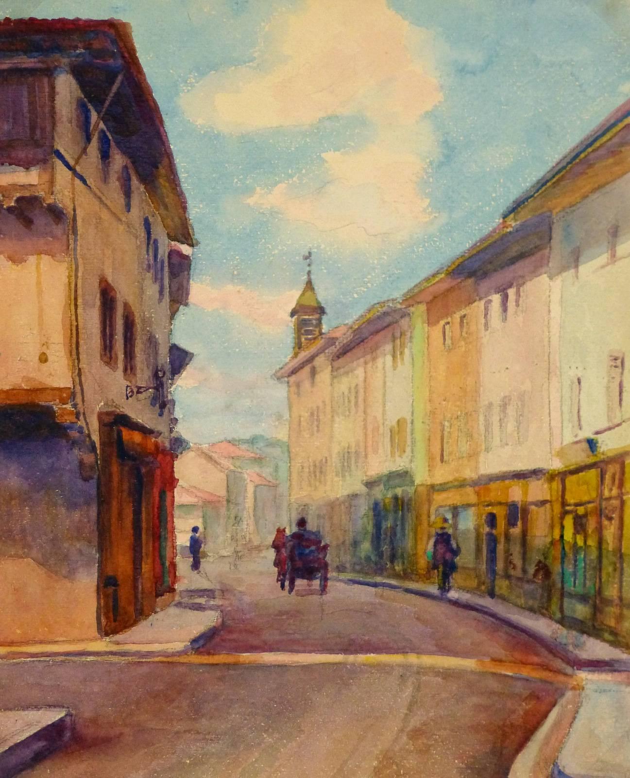 Landscape Art di Alphonse Soumers - Antique French Town dipinto ad acquerello