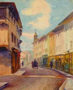 Antique French Town Watercolor Painting