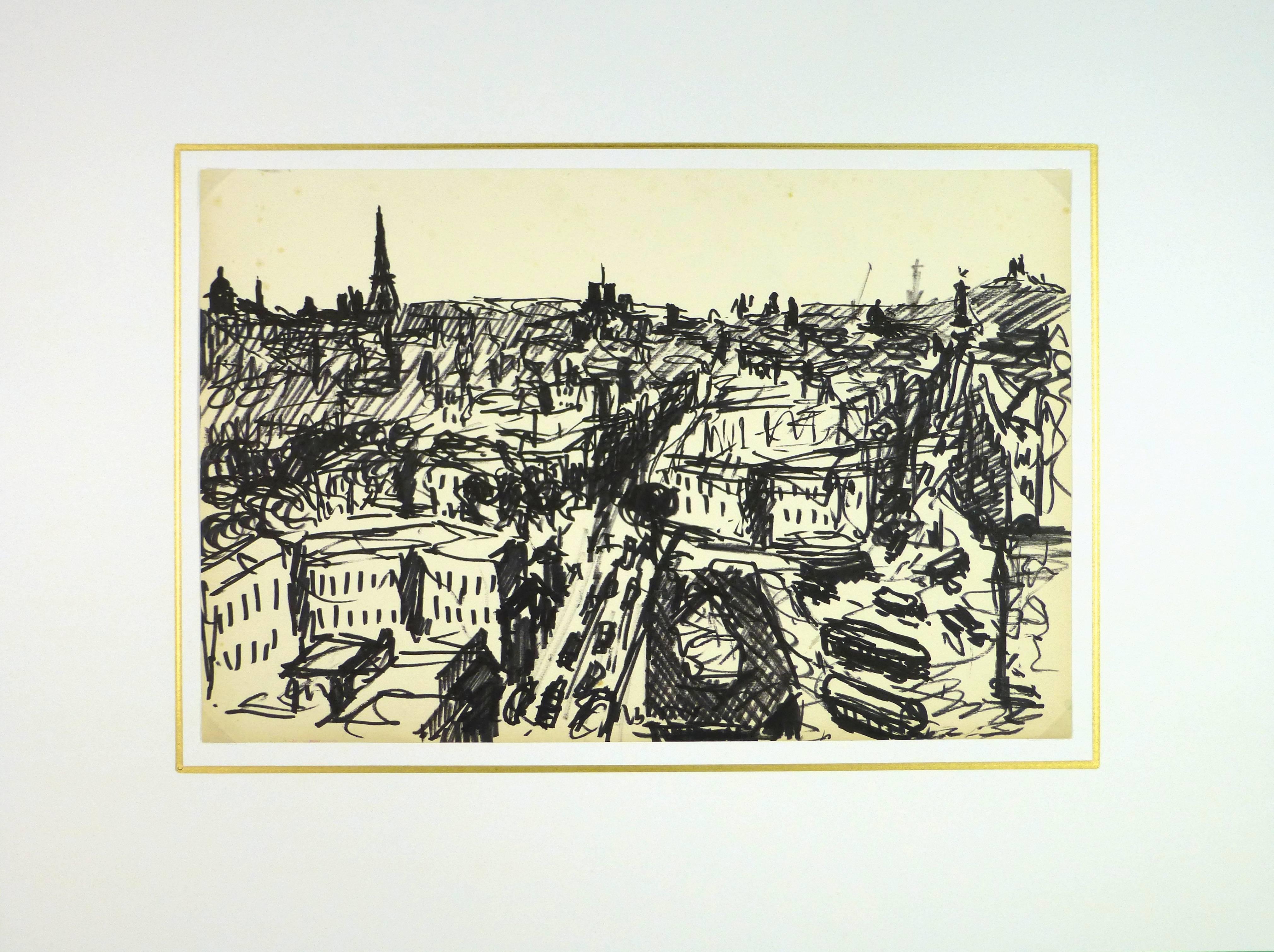 French black and white line drawing of Paris skyline showing the Eiffel Tower in the distance.

Original artwork on paper displayed on a white mat with a gold border. Mat fits a standard-sized frame. Archival plastic sleeve and Certificate of