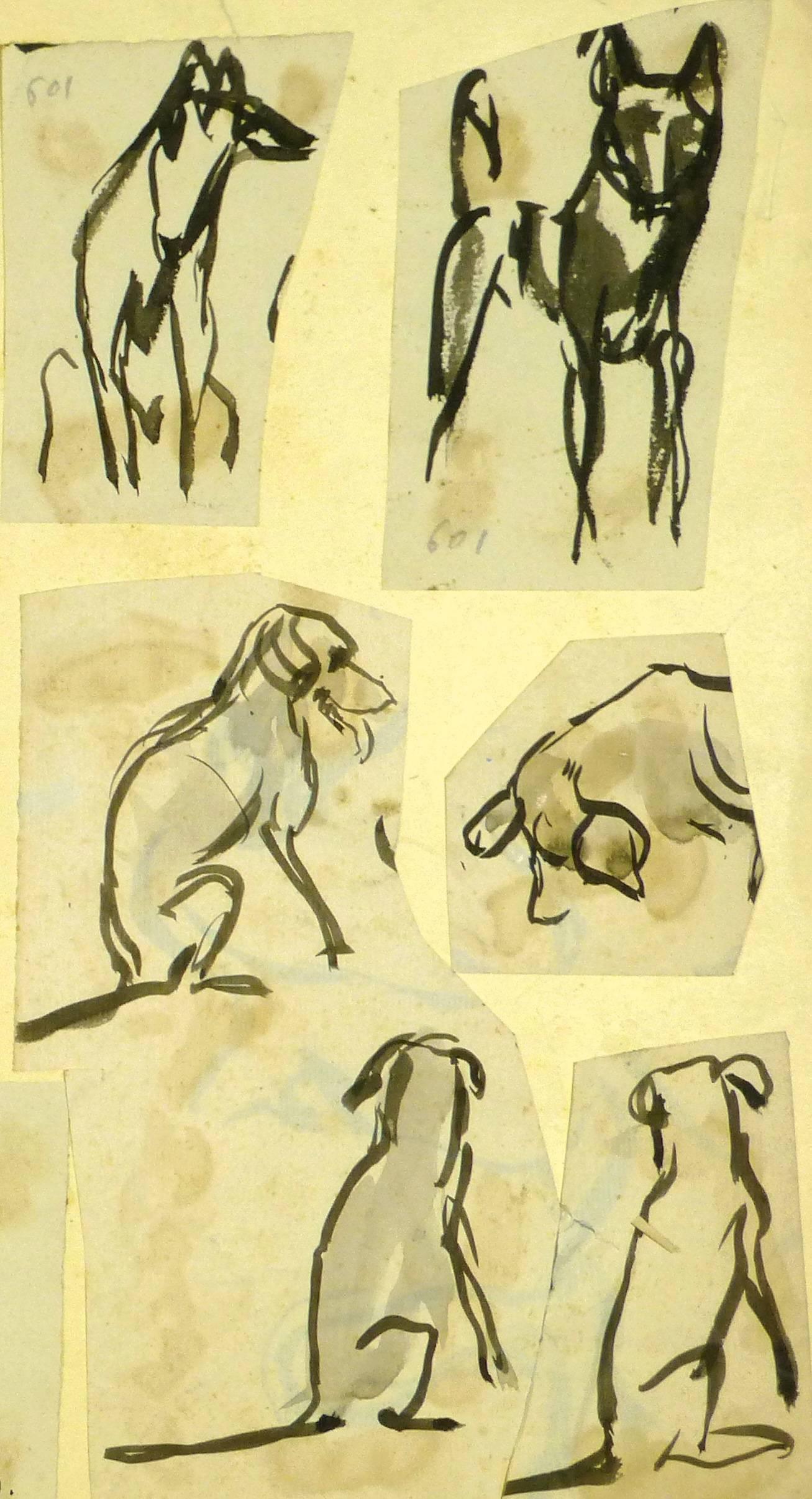 French ink wash drawings of dogs pasted to paper.  Signatures on individual drawings.

Original artwork on paper displayed on a white mat with a gold border. Archival plastic sleeve and Certificate of Authenticity included. Artwork, 12.25