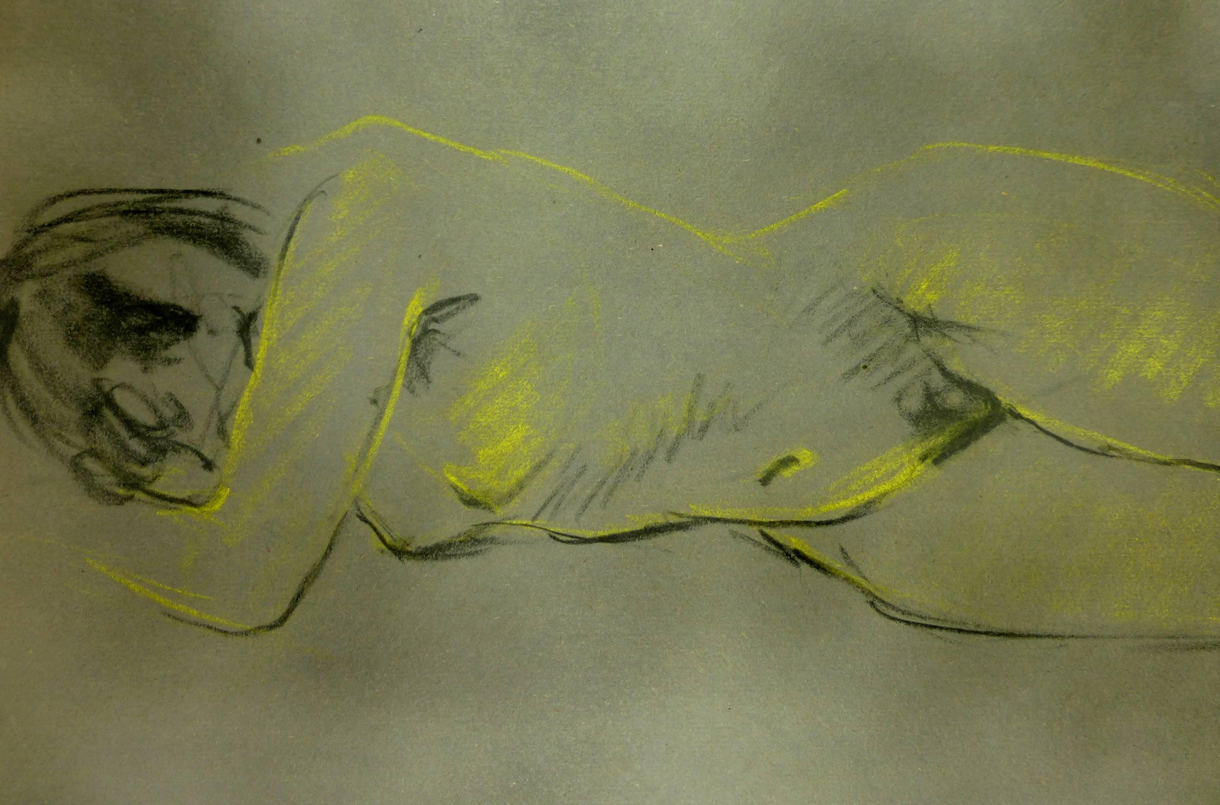 Dramatic pencil and pastel nude sketch on darkened paper with vibrant yellow highlights, circa 1990.

Original artwork on paper displayed on a white mat with a gold border. Archival plastic sleeve and Certificate of Authenticity included. Artwork,