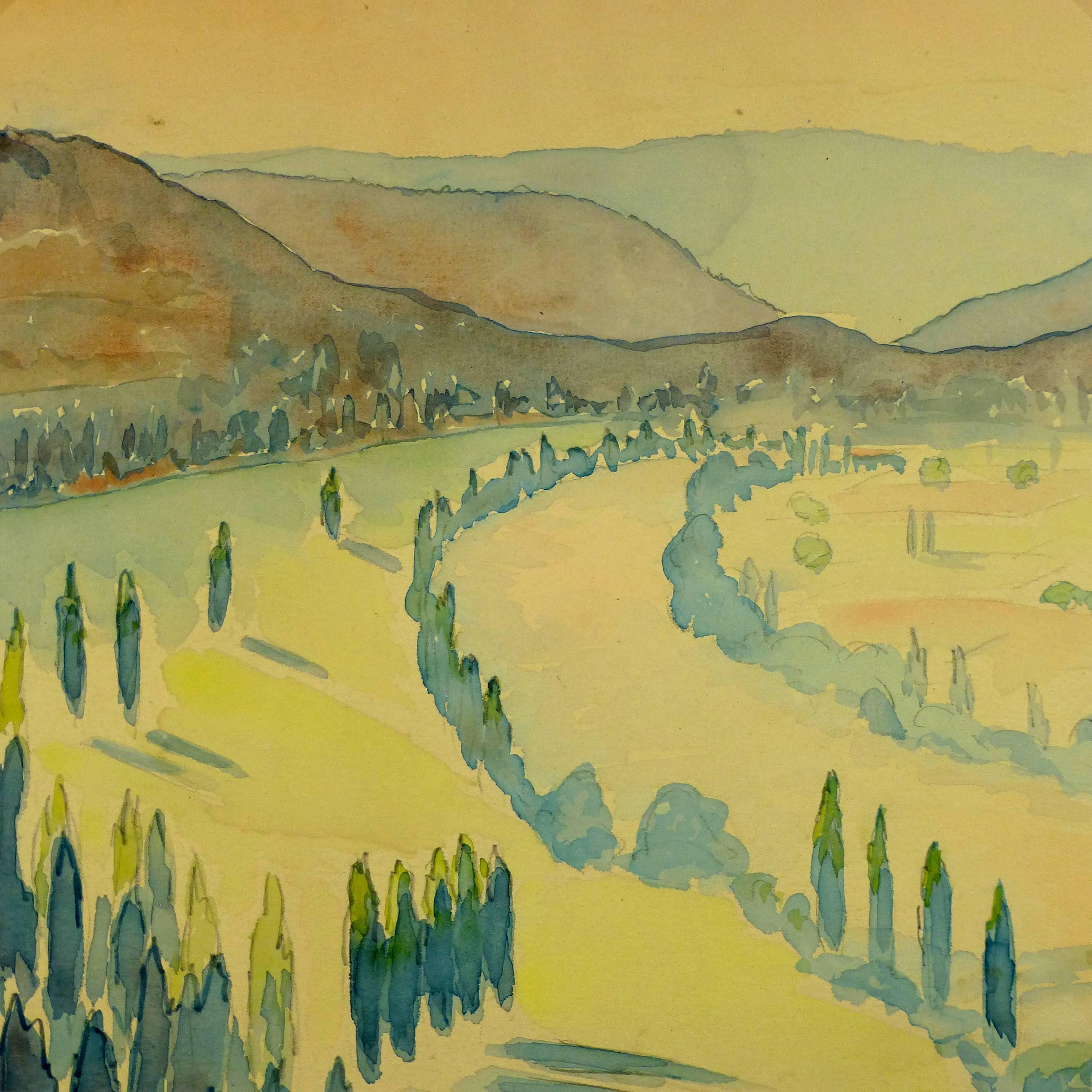 Unknown Landscape Art - Serene Valley Watercolor