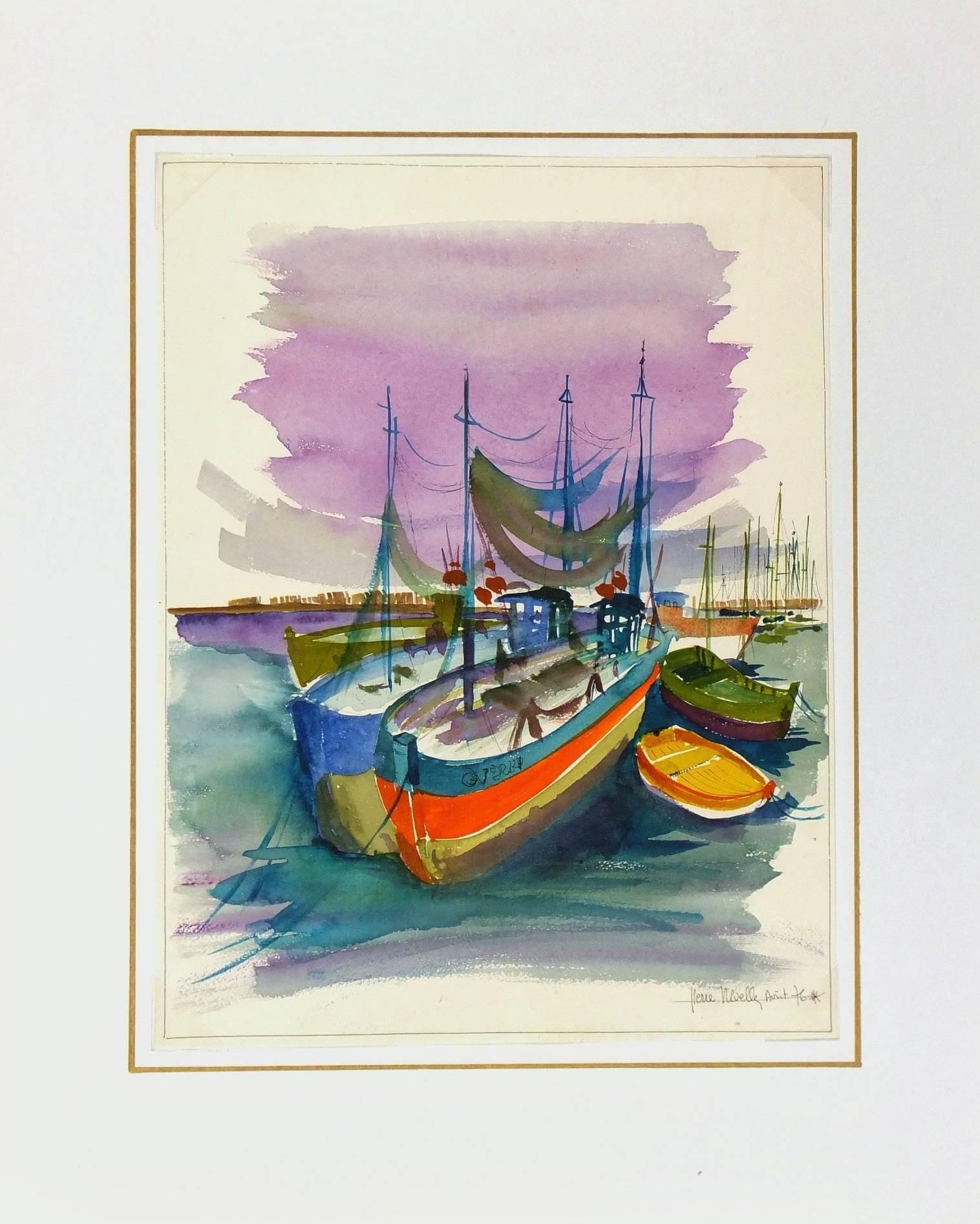 Aquarelle française de bateaux de pêche aux couleurs vives au crépuscule, 1979. Signé en bas à droite. 

Œuvre d'art originale sur papier présentée sur un tapis blanc avec une bordure dorée. Le tapis s'adapte à un cadre de taille standard.  Pochette