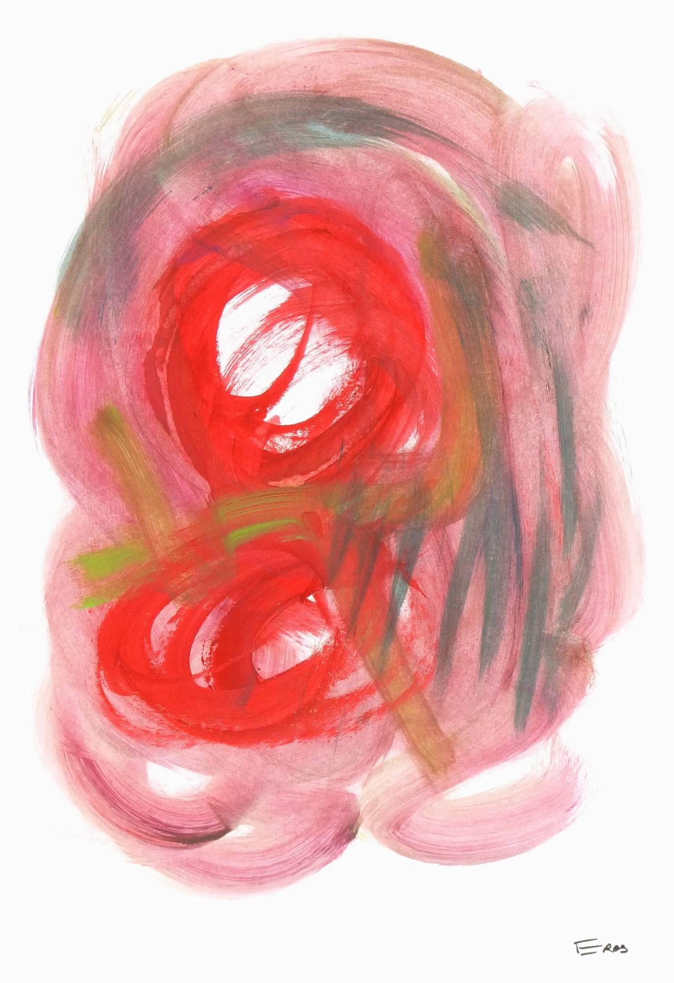 Abstract painting in acrylic by French artist Eros, 2011.  The painting's rich reds, pinks, and greens mingle in a smooth, circular motion. Signed lower right.

Original artwork on paper displayed on a white mat with a gold border. Mat fits a