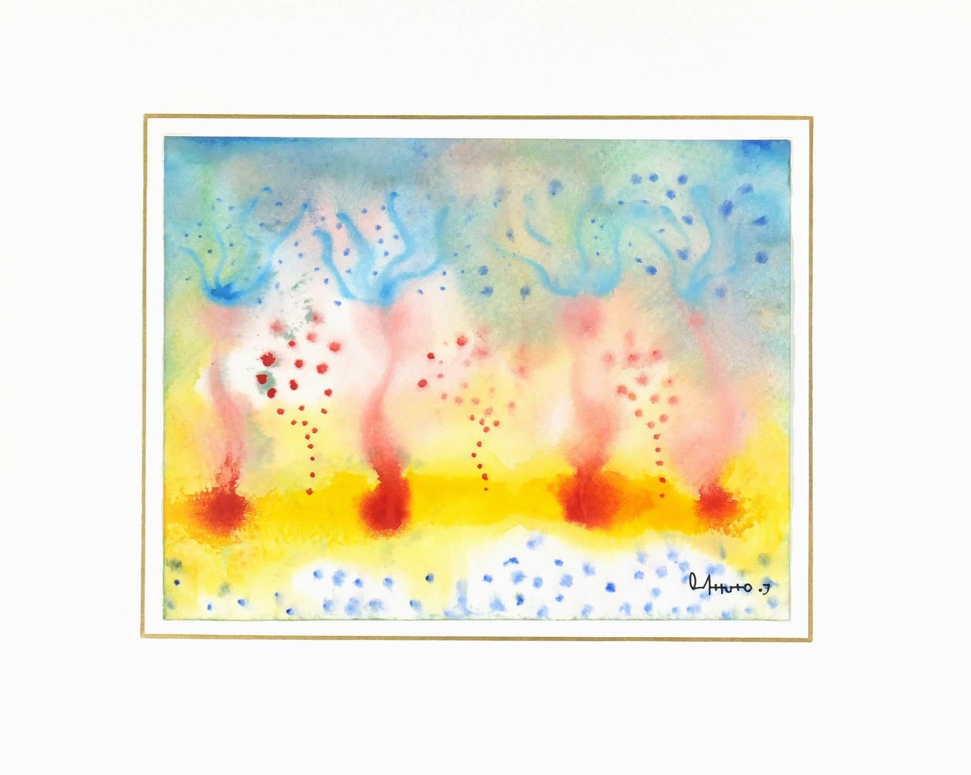 Abstraktes Aquarell des mexikanischen Künstlers Oscar Arturo, 2010.  Die leuchtenden Blau-, Rot- und Gelbtöne des Werks verschmelzen leuchtend miteinander, während der Blick des Betrachters den wellenförmigen Formen und blasenartigen Gebilden folgt