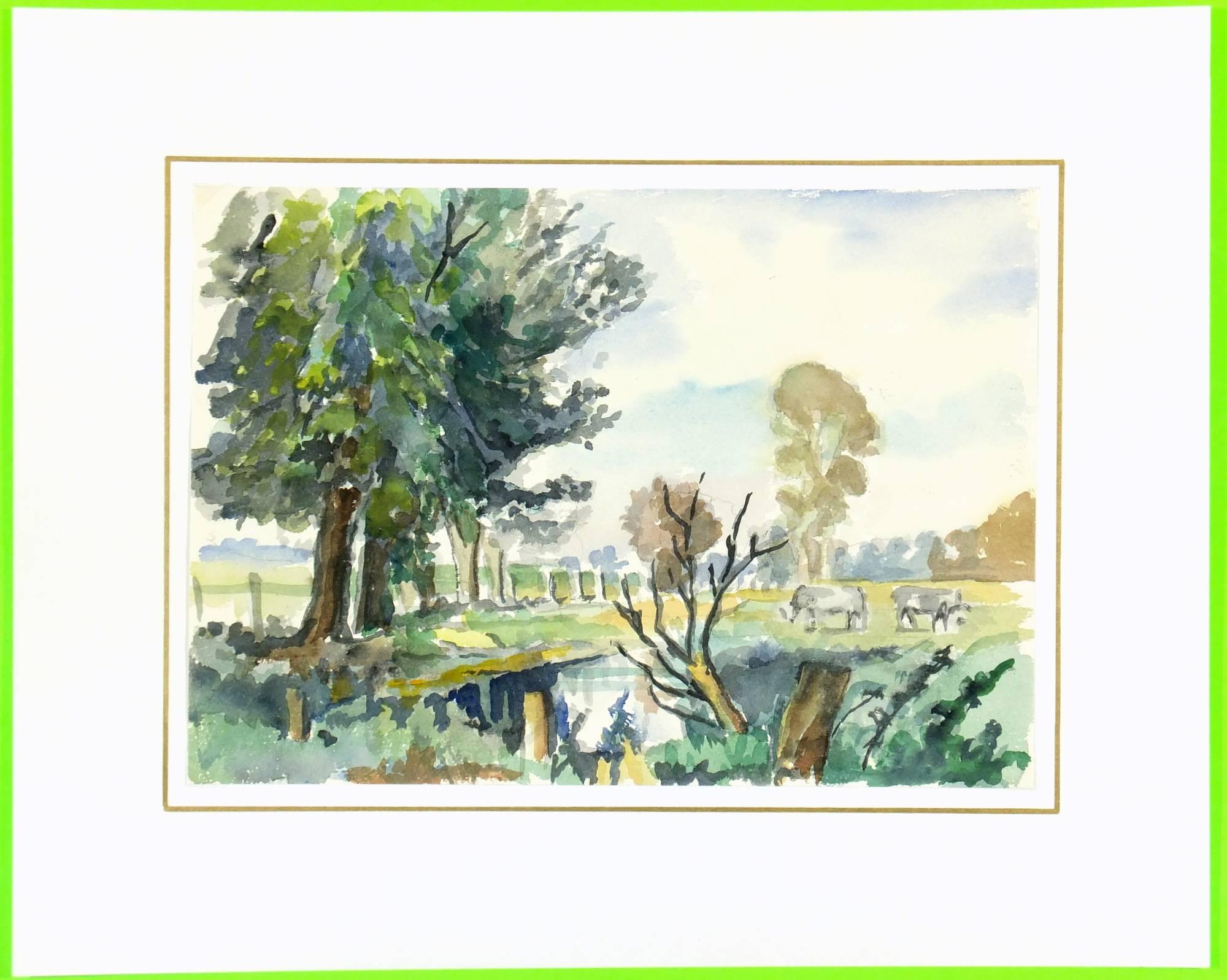 Pasture Watercolor - Beige Landscape Art by Unknown