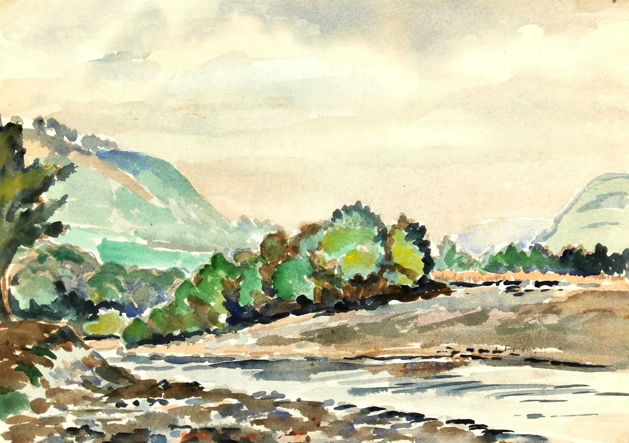 Unknown Landscape Art - River Valley Watercolor