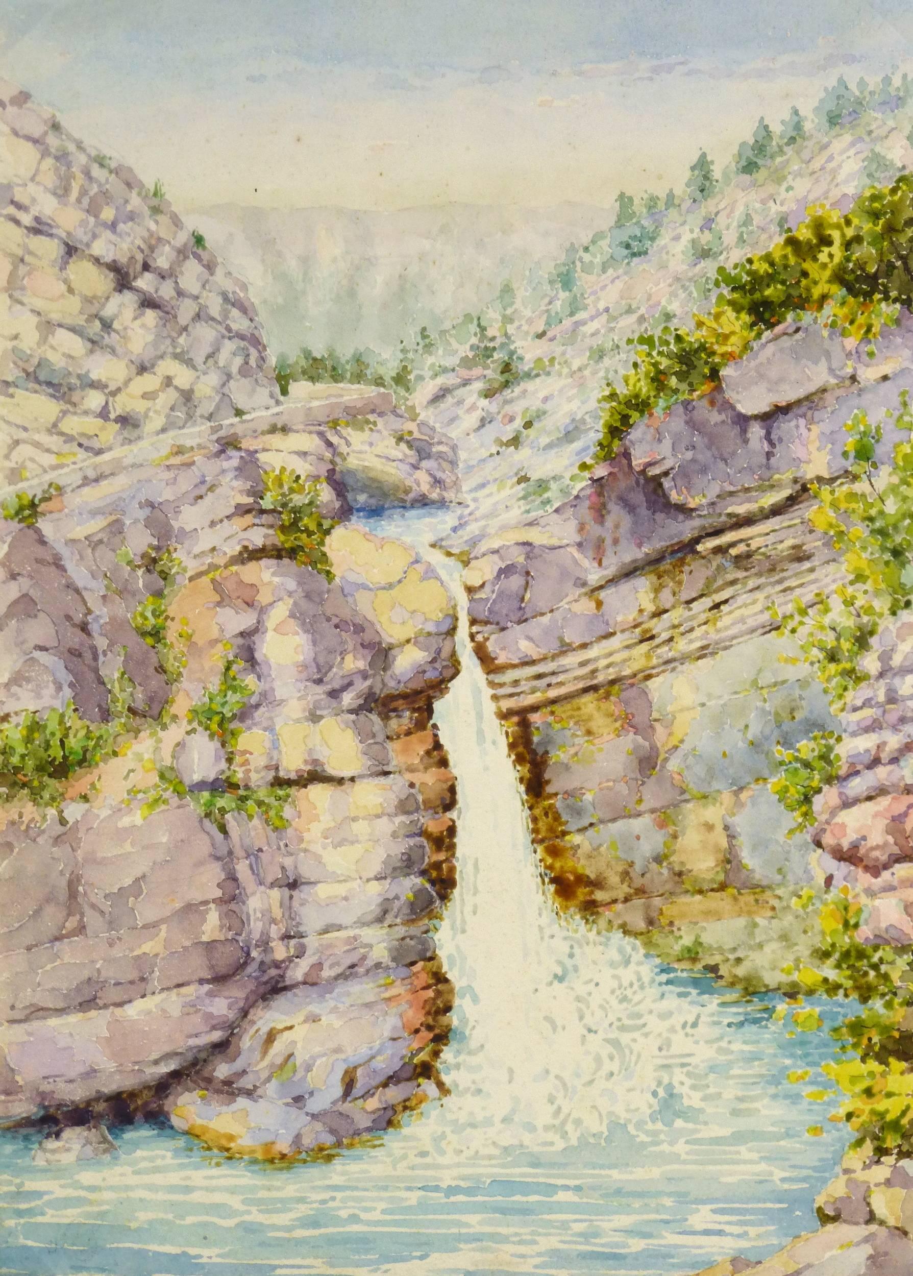 Landscape Art Unknown - Aquarelle française d'une cascade, vers 1950