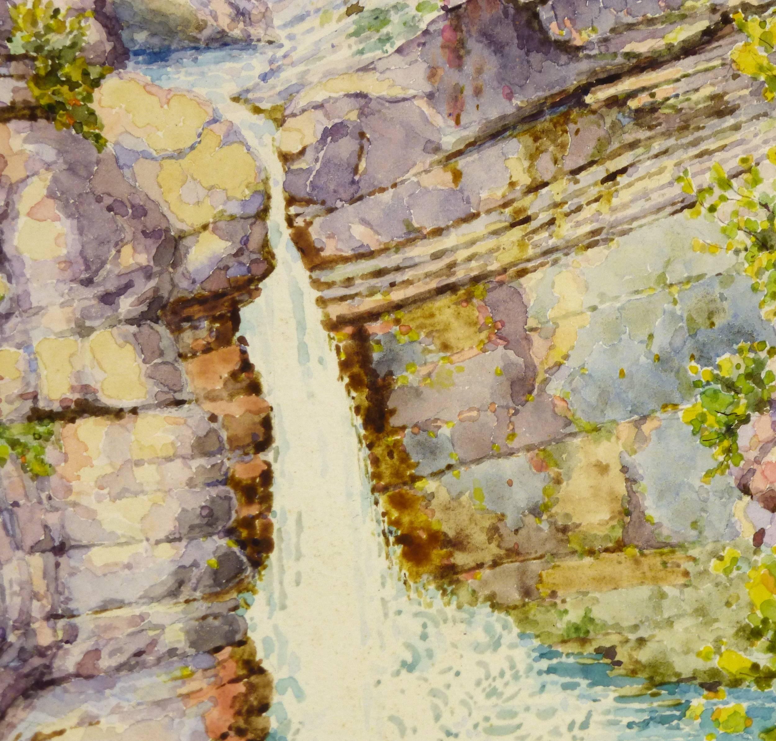 Aquarelle française d'une cascade, vers 1950 - Art de Unknown